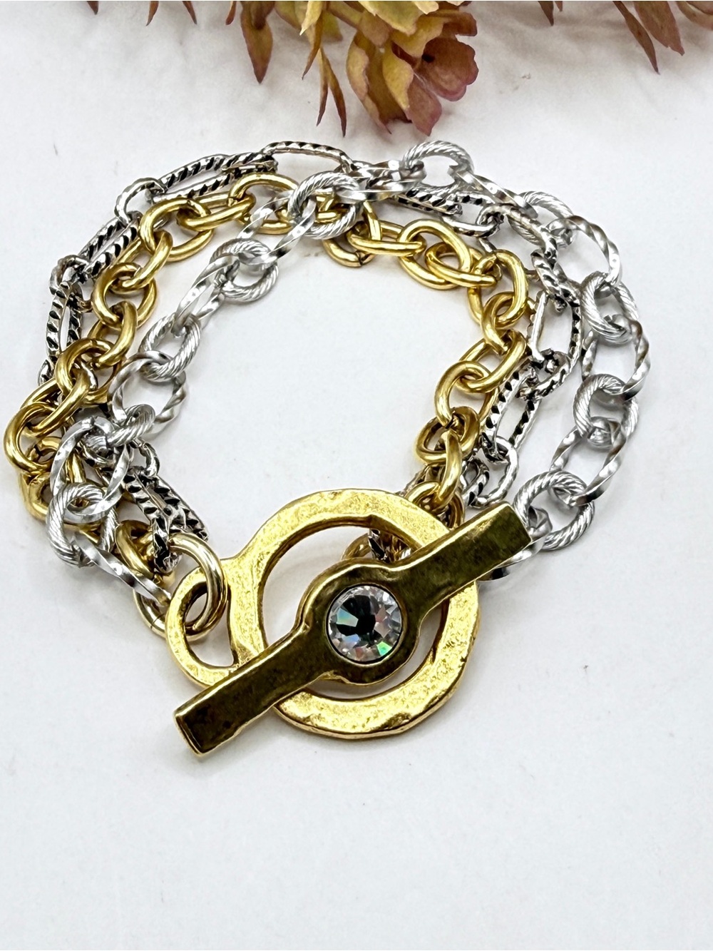 Two-Tone Gold & Silver Toggle Chain Bracelet with Crystal Accent